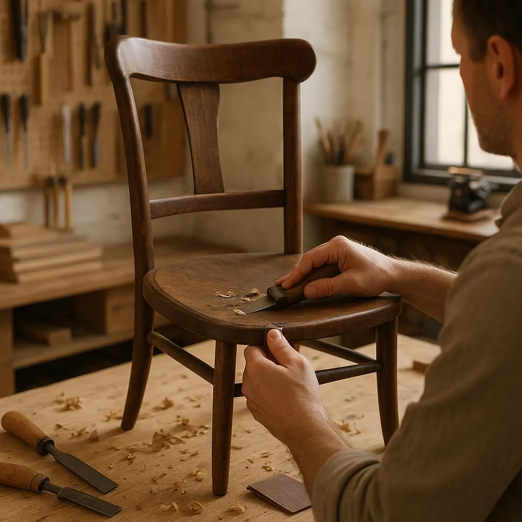 Restaurierung eines Holzstuhls in heller Werkstatt